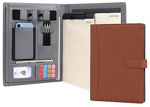Wason Portfolio A4 Schreibmappe Kunstleder Portfolio mit Telefon Tablet Ständer & Klemmbrett Schreibblock, Ordner Datei Dokumentenhalter Hülle für Organizer Büro Schule Reisen (Braun)