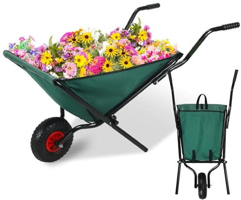 Datanly Zusammenklappbare Schubkarre, 79,8 kg, zusammenklappbar, für Hof, Garten, Schubkarre, faltbar, leicht, strapazierfähig, Oxford-Stoff, grüner Rasenwagen für Gras, Blätter, Gartenbedarf, 25,4 cm