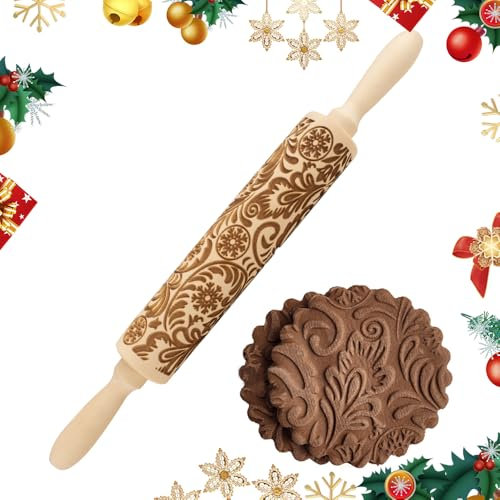 NAVESO Teigroller Nudelholz mit Muster, 3D Gravur-Nudelholz, Schneeflocke Teigroller Muster, Holz-Nudelholz, Geprägte Nudelhölzer, Motiv Nudelholz für DIY Küche Plätzchen