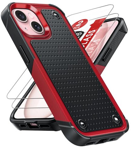 LeYi Armour Case Compatible with iPhone 15 6.1, Phone Cover with 2 Pack Tempered Glass Screen Protectors, Heavy Duty Hard PC Textured Shockproof Back Case Red