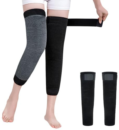 Kniewärmer Winter Verdickt Kniebandage Gefüttert Beinstulpen Verstellbar Knieschützer Kunstfell Knieorthese Rutschfest Knieschoner Thermo Knieprotektor für Erwachsene Knieverletzung Schwarz Lang L