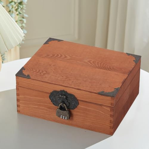 Vintage Small Wooden Box with Lock 25 x 20 x 11 cm Wooden Storage Box for Jewelry Treasure Box Memory Keepsake Gift Box Walnut (Large)