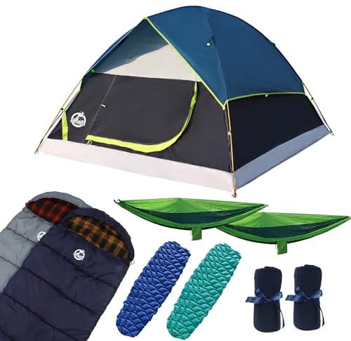 Northroad 9-teiliges Campingzelt-Set, inklusive Kuppelzelt für 1 2/3 Personen, 2 Schlafsäcke, 2 Isomatten/Campingmatte, 2 einzelne Camping-Hängematte mit 2 Baumgurten, 2 leichte flauschige Bettdecken