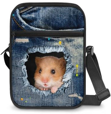 KUIFORTI Umhängetasche für Damen und Mädchen, niedliche Schultertasche, Handtasche, Reißverschluss, kleine Kuriertasche, Funny Denim Hamster, Einheitsgröße