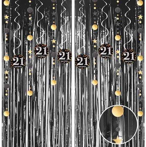 Black 21st Birthday Decorations, Tinsel Foil Fringe Curtain & Hanging Swirls Party Decorations Set for Her 21st Birthday Party Hanging Banner Door Tinsel Curtain Streamers