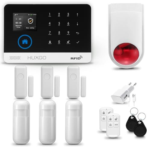 HUXGO® HXA003 Alarmanlage Haus WiFi + GSM 4G mit Funk Sirene Solar| Alarmanlage Wohnung mit App. TUYA | Alarm System mit 3X Bewegungsmelder, 3X Tür- Fenstersensor| Wohnmobil Alarmanlage