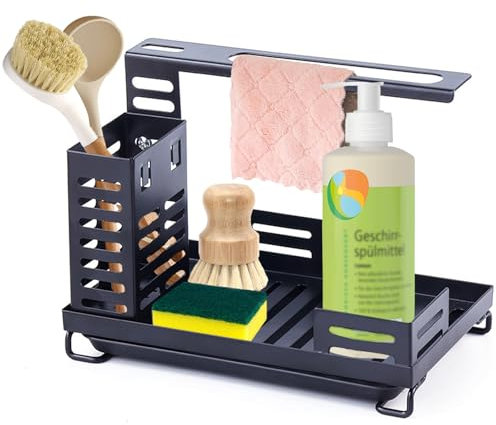 Ahigh Organisateur d'évier de cuisine, noir, organiseur de lavabo de salle de bain avec bonde d'évier, plan de travail adhésif, éponge à double usage, porte-savon, organisateur de cuisine