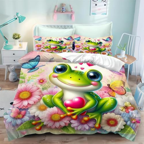 CYSYLQW Frosch Bettwäsche 135x200 Grün Frosch Cartoon Tier Kinder Bettbezug Set Für Teenager Microfaser Tiere grüne Frösche Wald Bettwäsche-Sets mit Reißverschluss (135 x 200 cm,7)