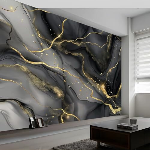 Générique Papier Peint Panoramique Rayures Marbrées Dorées Mural, Or Gris Poster Géant Mural Personnalisé 3D pour Salon, Chambre d'Enfants, Restaurant, 200 x 140 cm (W x H) Décoration Murale Fresque