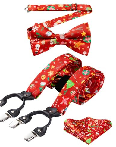 HISDERN Hosenträger Herren Weihnachten Extra Stark Breit 3,5cm mit 4 Metall Clips Y Form Einstellbar und Elastisch Hosenträger Fliege Set für Männer