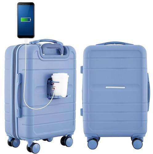 French Connection St. Martin Carry-on Luggage with Cup Holder/USB Ports, Stormy Blue, 15.4 x 9 x 22 inches, St. Martin Carry-on Luggage with Cup Holder/USB Ports