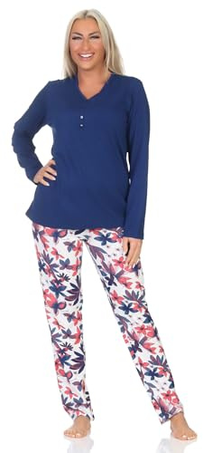 Normann Damen Schlafanzug Langarm Pyjama in floralem Design auch in Übergrössen, Farbe:Navy, Größe:60-62