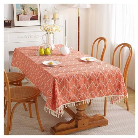 Tischdecke Orange, Baumwolle Tischdecke Abwaschbar Welle Mit Quaste Tischdecke Abwaschbar Rechteck 140x260CM