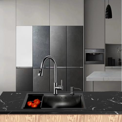 Fregadero Cocina 1 Seno 80 x 50cm,Fregadero de cocina negro de acero inoxidable con grifo de extracción Fregadero Sobre Encimera o Enrasado con Sifón Dispensador de Jabón y Juego de Desagüe