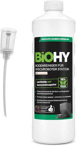 BiOHY Floor Cleaner for Mop Robot Station with Orange Fragrance (1 Litre Bottle) + Dispenser, Concentrate Cleaning Agent for All Mop and Robot Vacuum Cleaner with Wet Function, Low Foam and