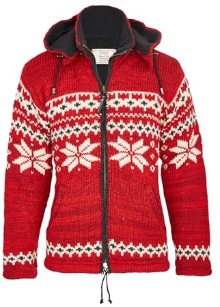 THC Natural Line Schafwollstrickjacke Norweger Rot 601 – Warme Wolljacke mit Fleece-Futter – Norwegerjacke Schneeflocke Outdoor – Kapuze abnehmbar, Gr. XS-XL