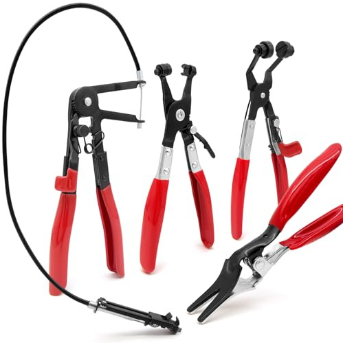 Eqivei 4 Stück Schlauchklemmenzangen Set kfz, Umfasst Lange Drahtfeder Schlauchschellenzange, Flachband und Abgewinkelte Schlauchschellenzange, Schlauchentferner Zange (Hose Clamp Set)