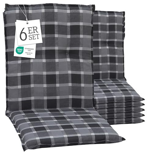 Beo® Barcelona Gartenstuhlauflagen 6er Set | Waschbare Sitzkissen Outdoor | Atmungsaktiv & UV-beständig | Made in EU | Öko-Tex Standard | Karo grau/anthrazit