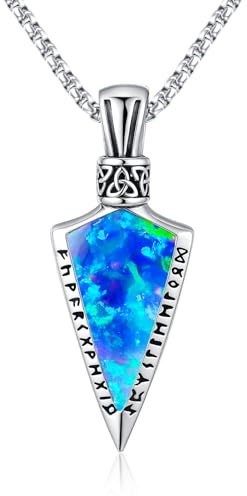 CRWENG Pfeil Halskette 925 Sterling silber Wikinger Runen Anhänger Schmuck Unisex Für Männer Und Frauen (Blau Opal)