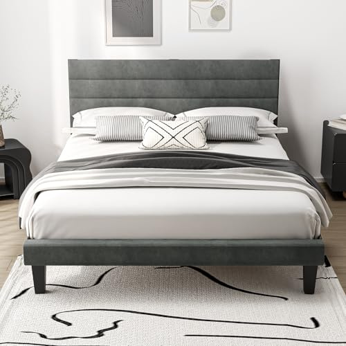 Bonnlo 5ft King Bed Frame, Noise-Free Upholstered Platform Bed with Adjustable Headboard & Under Bed Storage - Sturdy Wooden Slat Support - No Box Spring Needed, Velvet, Dark Grey, 150 x 200 cm