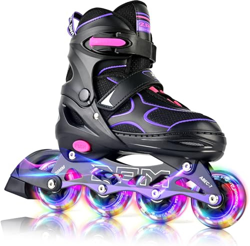 2PM SPORTS Adjustable Inline Skates for Girls and Kids Ages 5-8 | Arch support; beginner friendly; triple closure; light-up wheels; 2 non-woven bags; gift idea. Purple, Size 13C-4 US