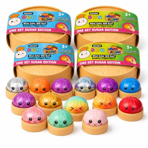 XXL Mystery Dumplings Squishy Buns 1er, 3er, 4er Set – Glitzer & Matt Überraschungsfarbe – 9,5cm Squeeze Toy mit Steamer Box – Anti Stress Ball Knetball Baozi Mochi Büro (4er Set - Glitzer)