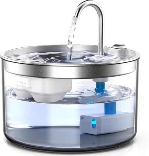 Casfuy PWB-004 Fontaine à eau silencieuse sans BPA pour chat avec base en verre et plateau en acier inoxydable, 2,7 l