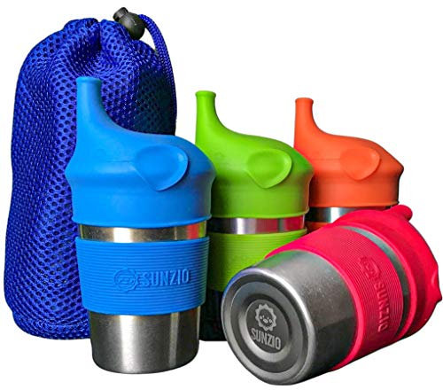 SunZio Vasos para beber de acero inoxidable antiderrames para niños pequeños y niños con tapas de silicona, paquete de 4 de 10 onzas, vasos no plásticos y a prueba de roturas para bebés