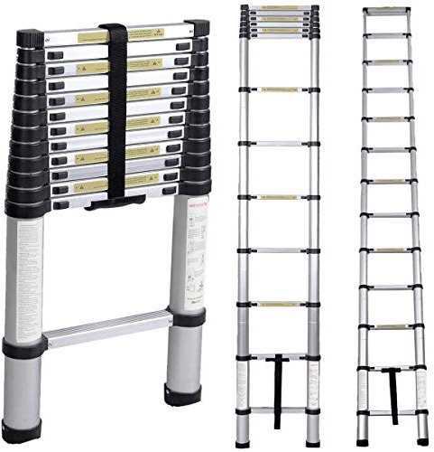 sogesfurniture 3.8M Alu Teleskopleiter Klappleiter tragbar, rutschfeste Stehleiter Anlegeleiter Mehrzweckleiter Haushaltsleiter, Maximale Belastbarkeit: 150 kg, KS-JF-001-BH