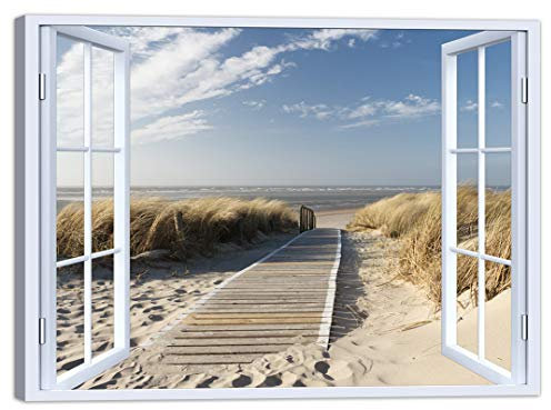 LuxHomeDecor Quadro Finestra Mare Spiaggia 100x75 cm Stampa su Tela con Telaio in Legno Arredamento Arte Arredo Moderno
