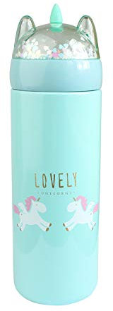 Emartbuy 330 ml Unicornio Brillar Prueba de Fugas Acero Inoxidable Vacío Aislado Frio y Calor Botella de Agua Matraz Termo Niños Linda Cool - Mar Verde