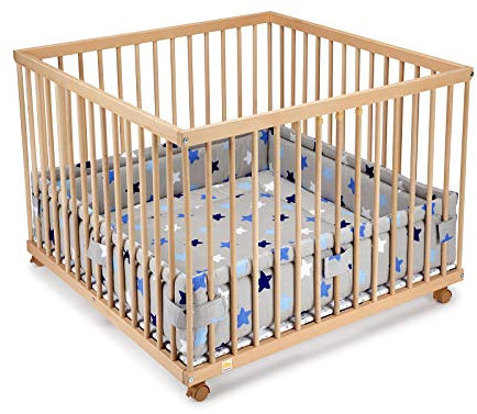 FabiMax Baby Laufgitter 100x100 Natur, stufenlos höhenverstellbar, mit Schlupfsprossen, Laufstall aus massivem Buchenholz (Blaue Sterne)