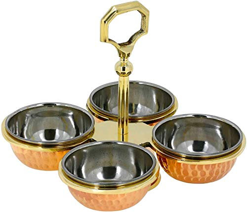Copper Stainless Steel Serving Pickle, Condiment Rack (Rack 4-Bowls Set)
