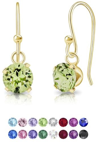 DTPSilver - Damen Haken Ohrringe 925 Sterling Silber Gelb Vergoldet mit Kristallen von Swarovski® Elements 6 mm Runde Ohrstecker - Farbe : Peridot