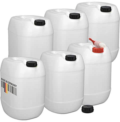 plasteo® 6er Set: 30 Liter Getränke- Wasserkanister Natur mit Schraubdeckeln und 1 Ausgießhahn (DIN 61) | Lebensmittelecht | Tragbar und Robust | Indoor und Outdoor | BPA Frei | Made in Germany