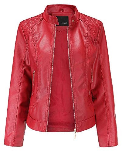 GITVIENAR Damen Jacke Motorrad Lederimitat Stehkragen Mantel Kunstleder Jacke Bikerjacke mit Nieten Reißverschluss für Outdoor Herbst Frühling