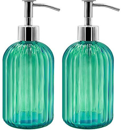 2 Pack Glass Soap Dispenser Bottle with Pump, 14 Oz Refillable Liquid Hand Jar Dispenser for Bathroom, Countertop, Kitchen, Laundry Room (Green)