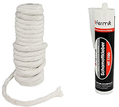 Keramikfaser Dichtschnur Ø 6-15 mm inkl. Fermit Kleber für Ofentür & Kesseltür bis 750 °C (Ø 15 mm x 5 m)