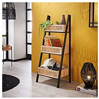 spot on dealz® 3 Tier Cane Ladder Shelf Bookcase Shelving Unit Book Shelf Display Wooden Shelves with Rattan Design decoration Narrow Bookcase Black Frame