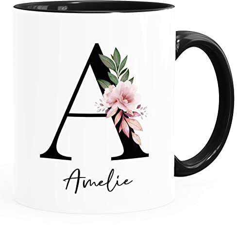 SpecialMe® Kaffee-Tasse mit Buchstabe Monogramm personalisiert mit Namen Initiale Blumen-Motiv persönliche Geschenke Inner-Schwarz Keramik-Tasse