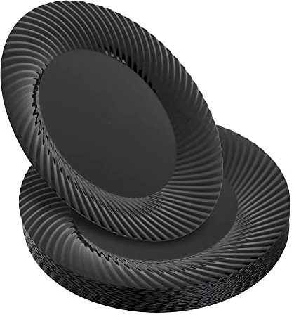 STACKABLES ~ Pack of 20 Hard Lightweight Plastic Plates ~ 9 Black Plate with Seashell Rim ~ Round Dinner Plates Set ~ Multi Use Elegant Party Dinnerware Plates