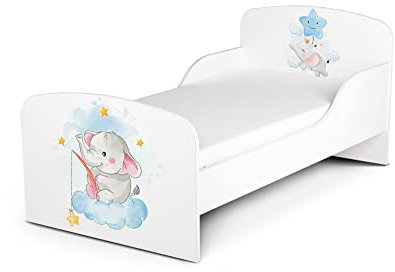 Leomark Funktionsbett aus Holz - Baby Elephant - Kinderbett mit Matratze, Holzbett mit Seitenschutz Lattenrost, Komplett Set für Kinderzimmer, Liegefläche 70/140 cm, UV-Druck