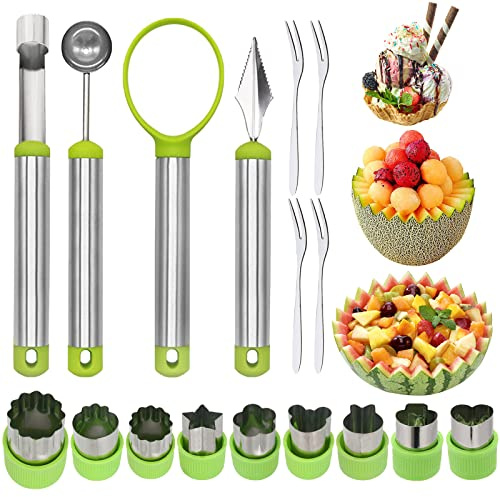 Juego de 17 cucharas de melón, juego de herramientas de frutas 4 en 1 de acero inoxidable, removedor de semillas con cortador de frutas y verduras, juego de formas de pelador de frutas para cortador