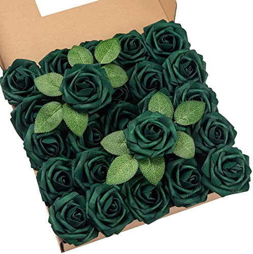 DuHouse 25 Rosas Artificiales con Tallos de Espuma de Tacto Real para Ramo de Boda, Baby Shower, Centro de Mesa, arreglos Florales, Fiestas, decoración del hogar (Verde Caza)