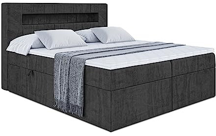 ALTDECOR Boxspringbett mit H3Matratze (20 cm hoch) mit Bonellfederung + PUR, Topper (4 cm hoch), Polsterbett mit Kopfteil und Bettkasten mit LED - ORGOL 120x200 Schwarz Samt