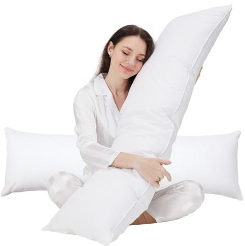 puredown Set di 2 Cuscino Piuma d'oca 40x135cm, Bianco Cuscino Letto Matrimoniale, Lungo Cuscino Morbido per Dormire, Guanciali Letto Coppia Cuscini con Copertina in Cotone 100%, Lavabili in Lavatrice