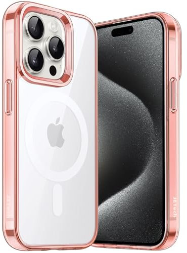 JETech Cover Magnetica per iPhone 15 Pro Max 6,7 Pollici Compatibile con MagSafe Ricarica Wireless, Telefono Custodia Antiurto, Retro Antigraffio Trasparente (Oro Rosa)