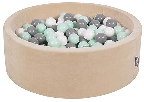 KiddyMoon Piscine À Balles pour Bébé Velours Rond 90X30cm/300 Balles 7Cm Fosses À Boules Jouet Enfant, Beige Sableux: Blanc/Gris/Menthe