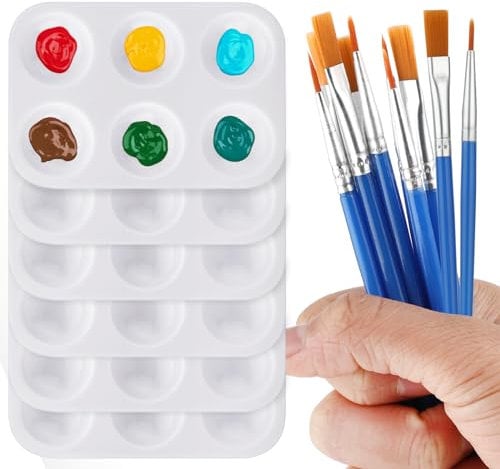 6 Pcs Paint Palette & 8 Pcs Paint Brushes, Plastic Paint Pallets Watercolor Brushes Palette Painting Tray Acrylic Paint Brushes for Painting Party, Art Painting and DIY Craft Class, 6 Wells