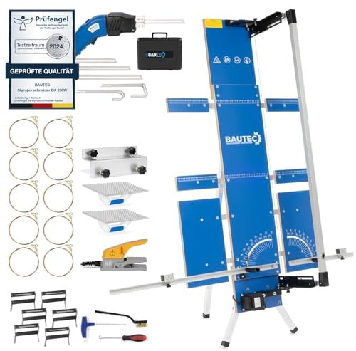 BAUTEC Styroporschneider GAZELLE 7 Butterfly + STYROCUTTER 250W (Dauerbetrieb) » Profi-Set inkl. 10 Schneidedrähte, Gerüsthalterung, Fußschalter, Schleifraspel, Styrogrips, Klingenset